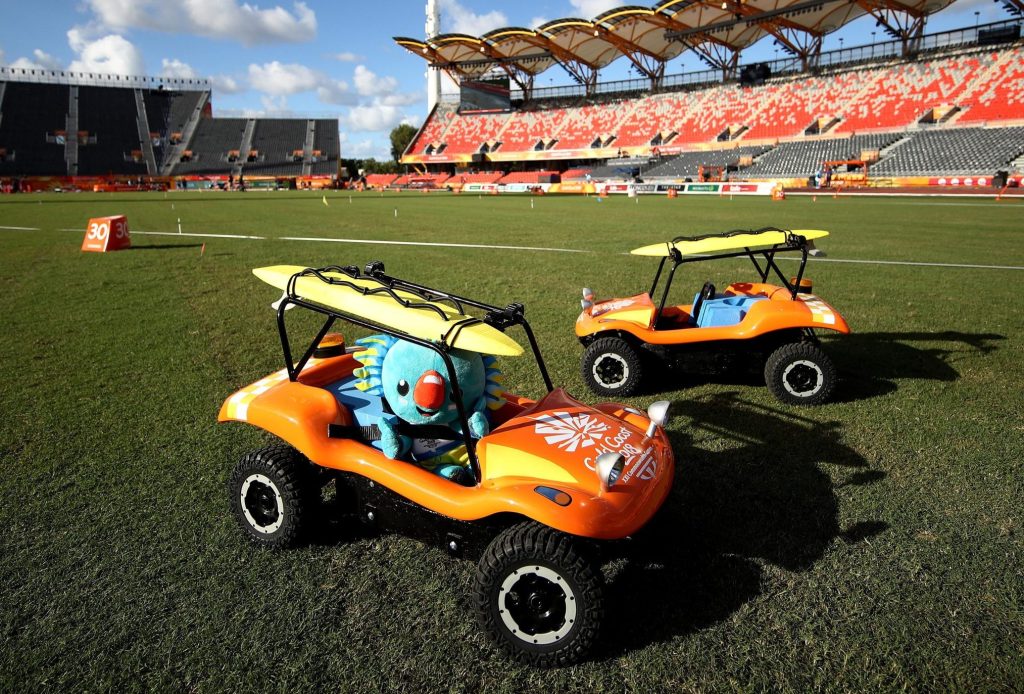 GOLD COAST, AUSTRALIA - APRIL 07:  A remote buggy with the Games mascot 'Borobi' used to retrieve equipment on the infield at the Athletics is seen at Carrara Stadium on day three of the Gold Coast 2018 Commonwealth Games at Gold Coast Convention and Exhibition Centre on April 7, 2018 on the Gold Coast, Australia.  (Photo by Cameron Spencer/Getty Images)